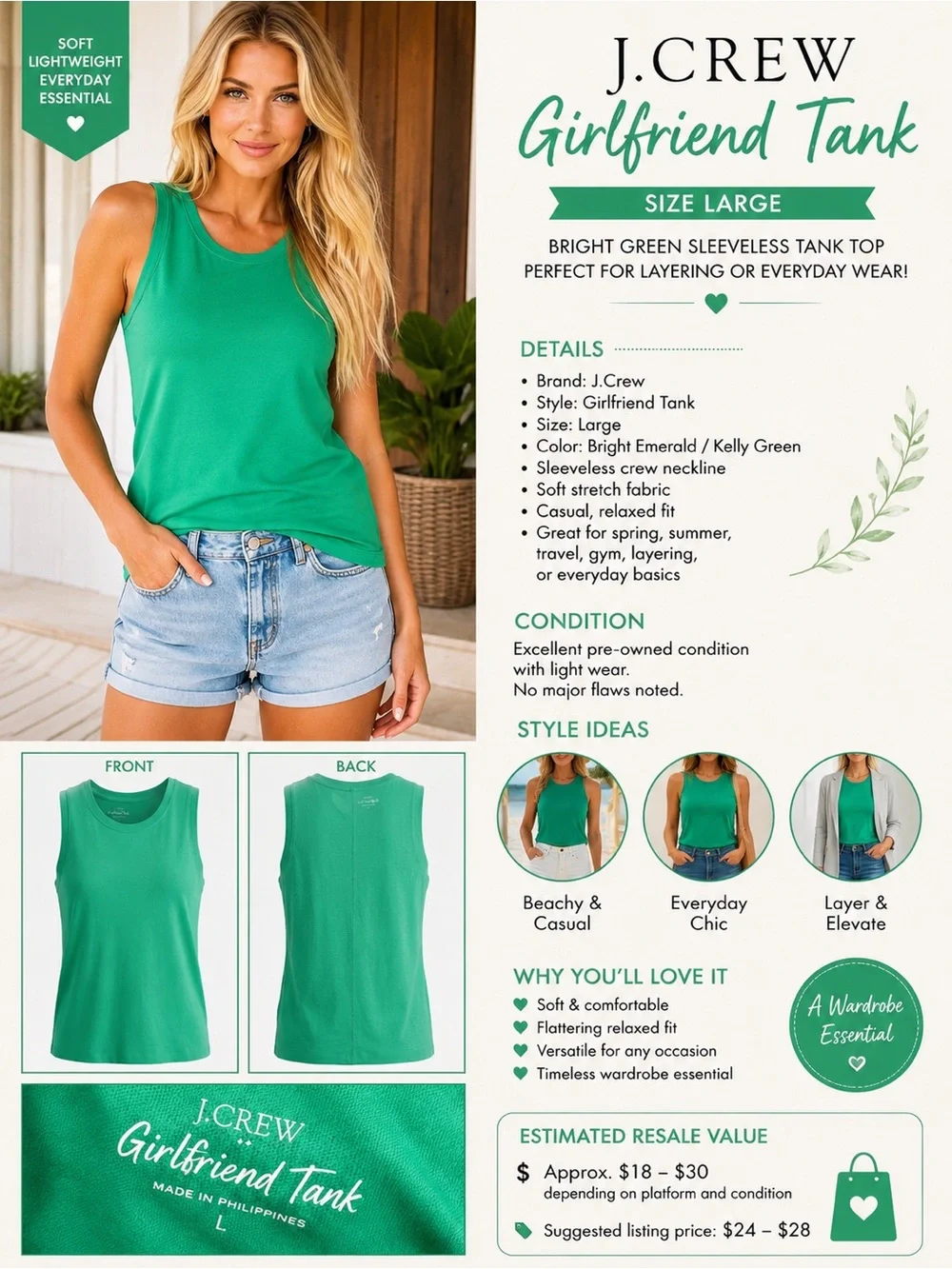 J. Crew Bright Green Sleeveless Tank Top - Picture 2 of 7